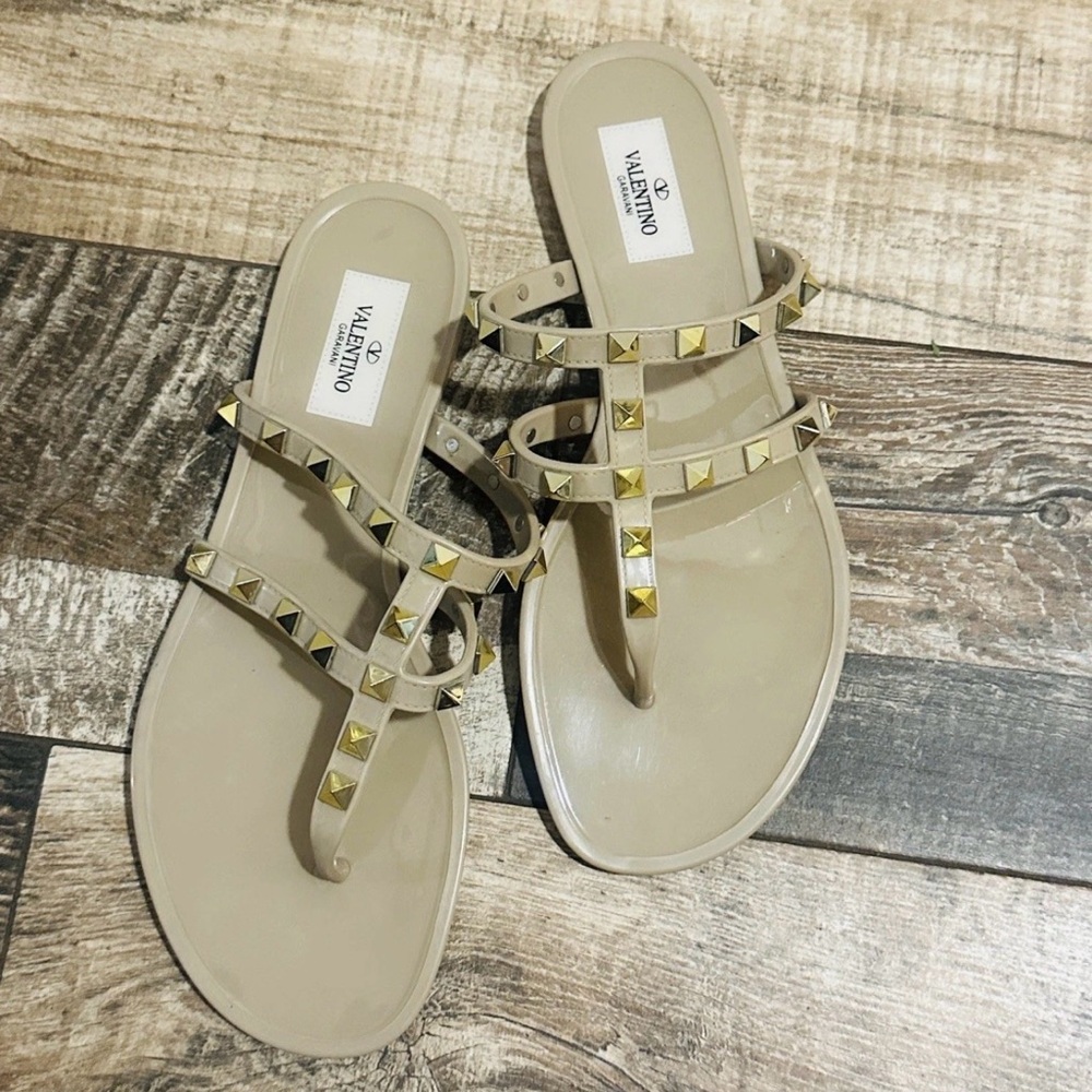 Valentino Beige Studded T-Strap Jelly Sandals